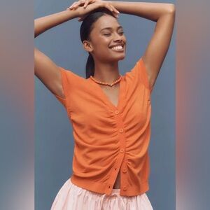 NWT By Anthropologie Cardigan Ruched Short-Sleeve V-Neck Sweater XS